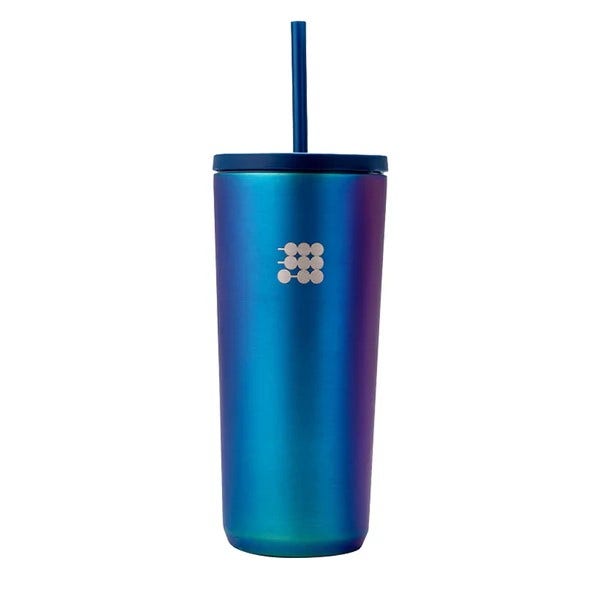 TERMO 20 OZ COS, modern blue travel mug with straw, ideal for hot or cold beverages on the go.