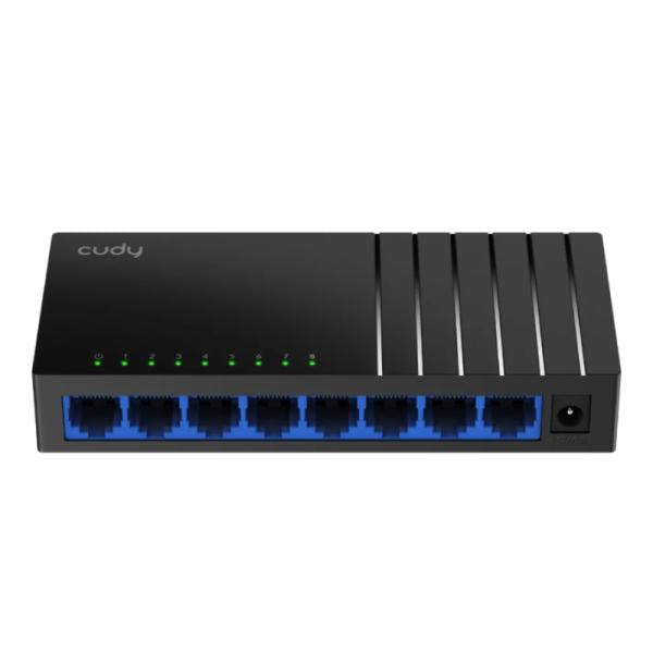 SWITCH CUDY GS108D 4.0 8 PUERTOS GIGABIT ETHERNET 170 M GIGABIT NO ADMINISTRABLE - vista frontal del switch negro con 8 puertos