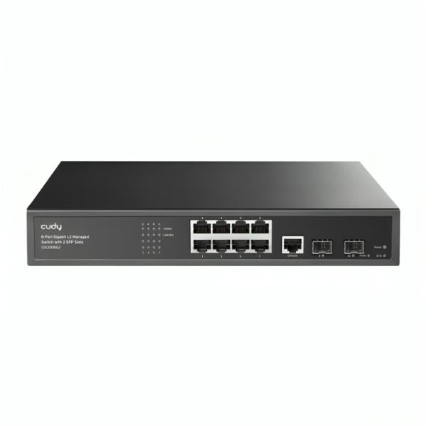 SWITCH CUDY GS2008S2 1.0  PUERTOS 8 × GBE/ 2 × SFP DE 1,25 G ADMINISTRABLE L2 vista frontal del switch negro con puertos Ethernet y SFP