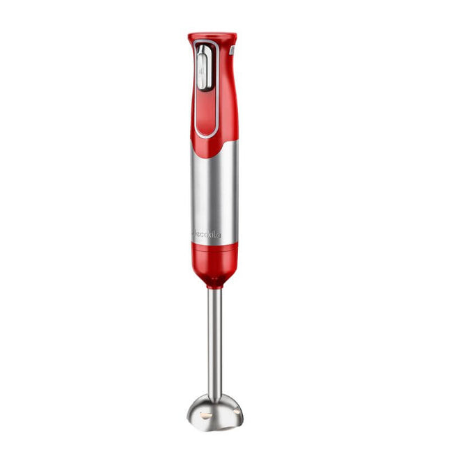 LICUADORA DE MANO 11.1V ROJA BATERIA RECARG KMJB023R Decakila de color rojo, con diseño portátil y varilla de mezcla de acero inoxidable.