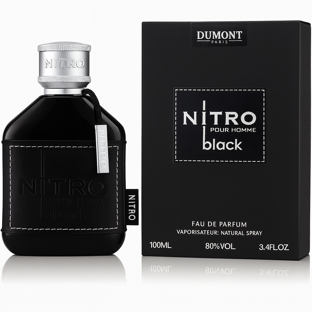 Bottle and packaging of DUMONT NITRO BLACK 100ML fragrance with sleek black design.