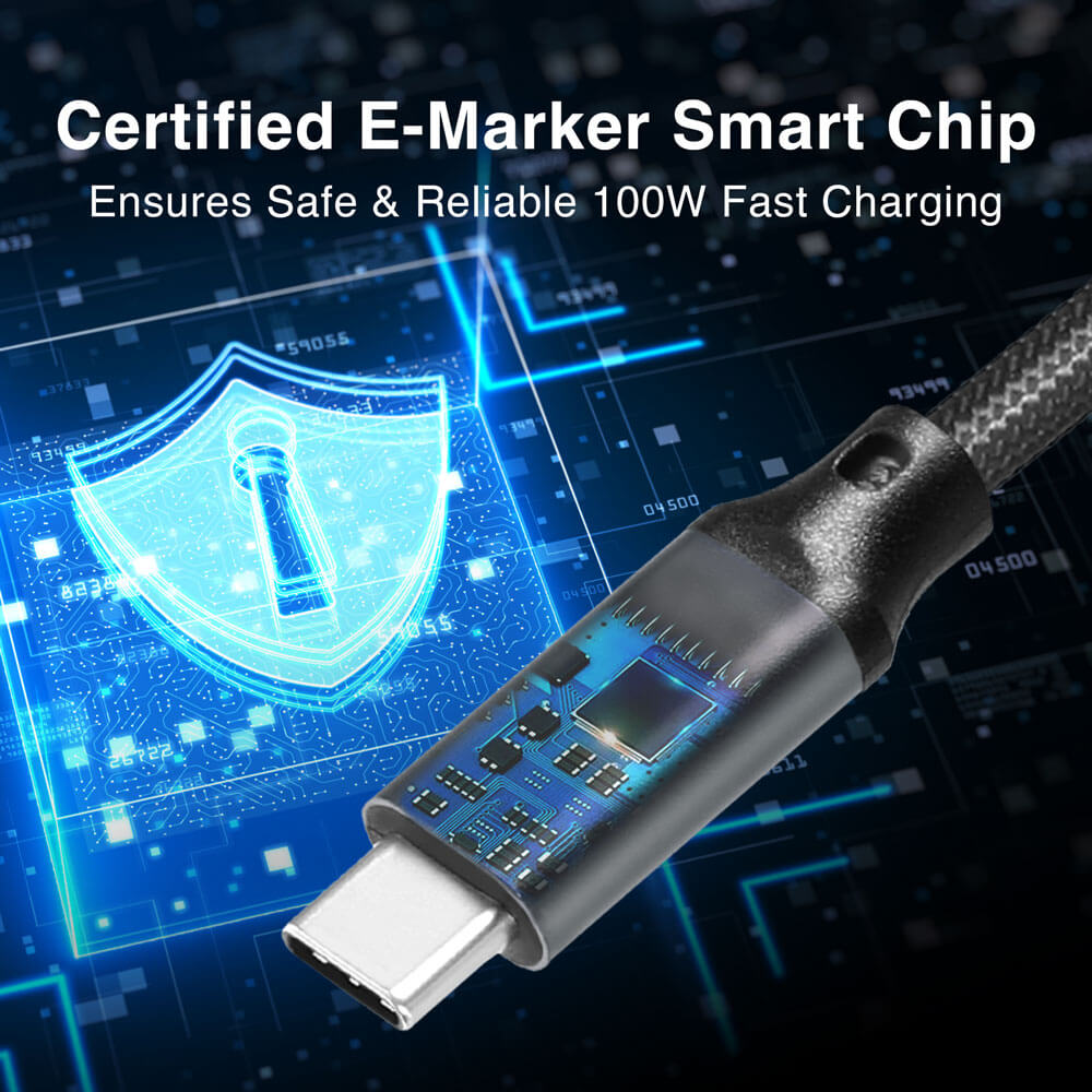 Conector de cable usb-c 100W carga rápida con chip inteligente E-Marker para carga segura y confiable.