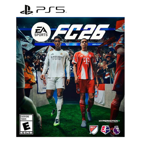 JUEGO PS5 EA SPORTS FC 26 cover featuring two football players in a stadium, showcasing the game's realistic graphics and dynamic gameplay.