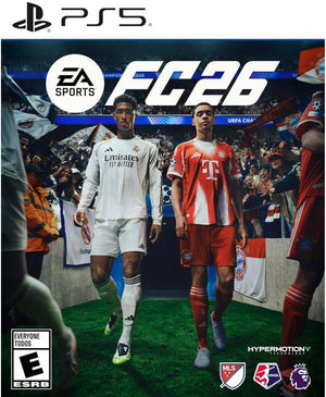 Portada del videojuego EA SPORTS FC26 PS5 LATAM, con jugadores en un campo de fútbol.
