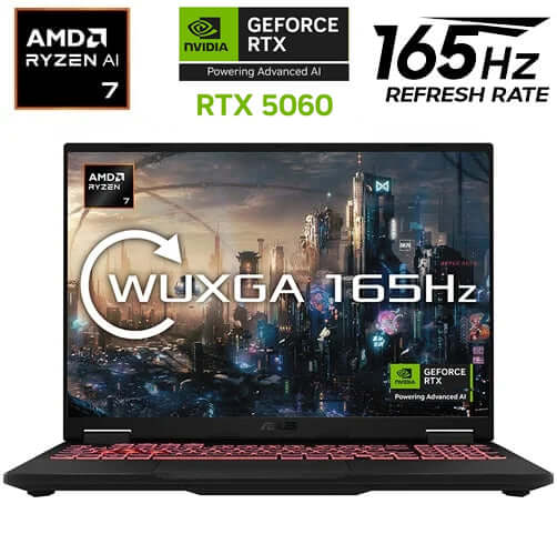 Laptop gaming ASUS RTX 5060 con procesador AMD Ryzen 7 y tasa de refresco de 165Hz.