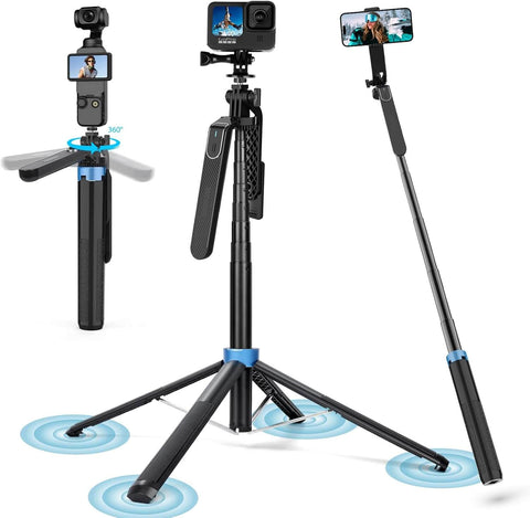 Trípode selfie 1.8 metros aluminio con soporte para teléfonos y cabezal rotativo de 360 grados.
