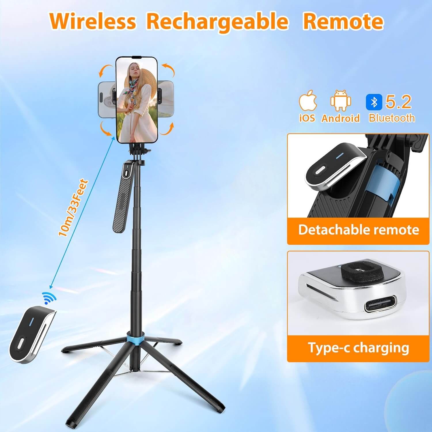 Trípode selfie 1.8 metros aluminio con control remoto recargable y soporte para teléfonos inteligentes.