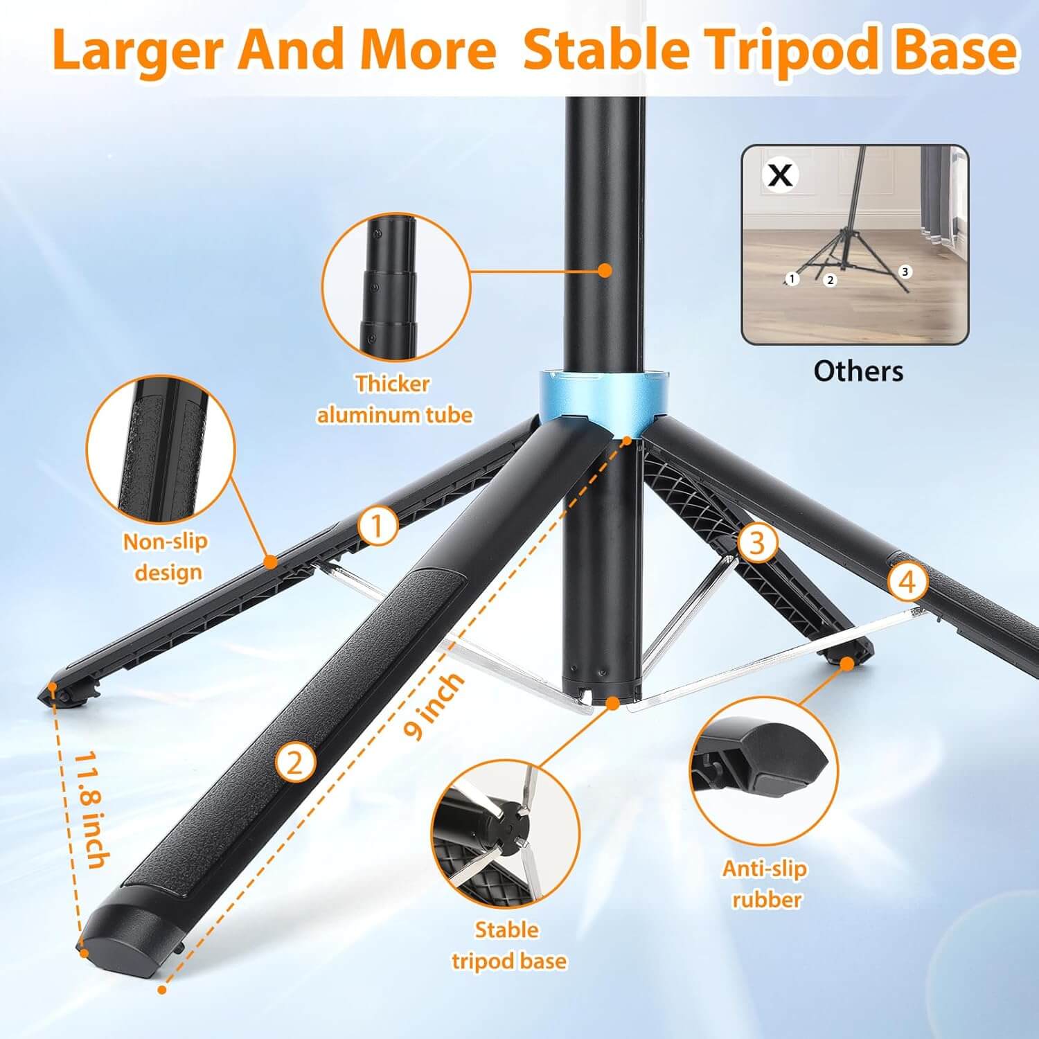 Trípode selfie 1.8 metros aluminio con base más grande y estable, diseño antideslizante.