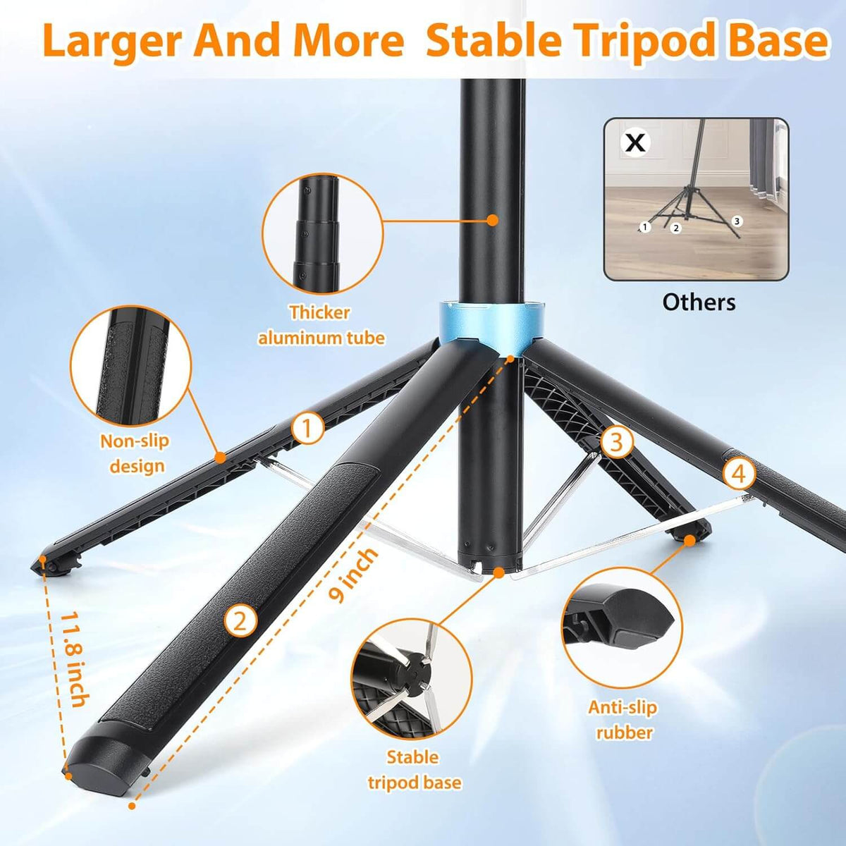 Trípode selfie 1.8 metros aluminio con base más grande y estable, diseño antideslizante.