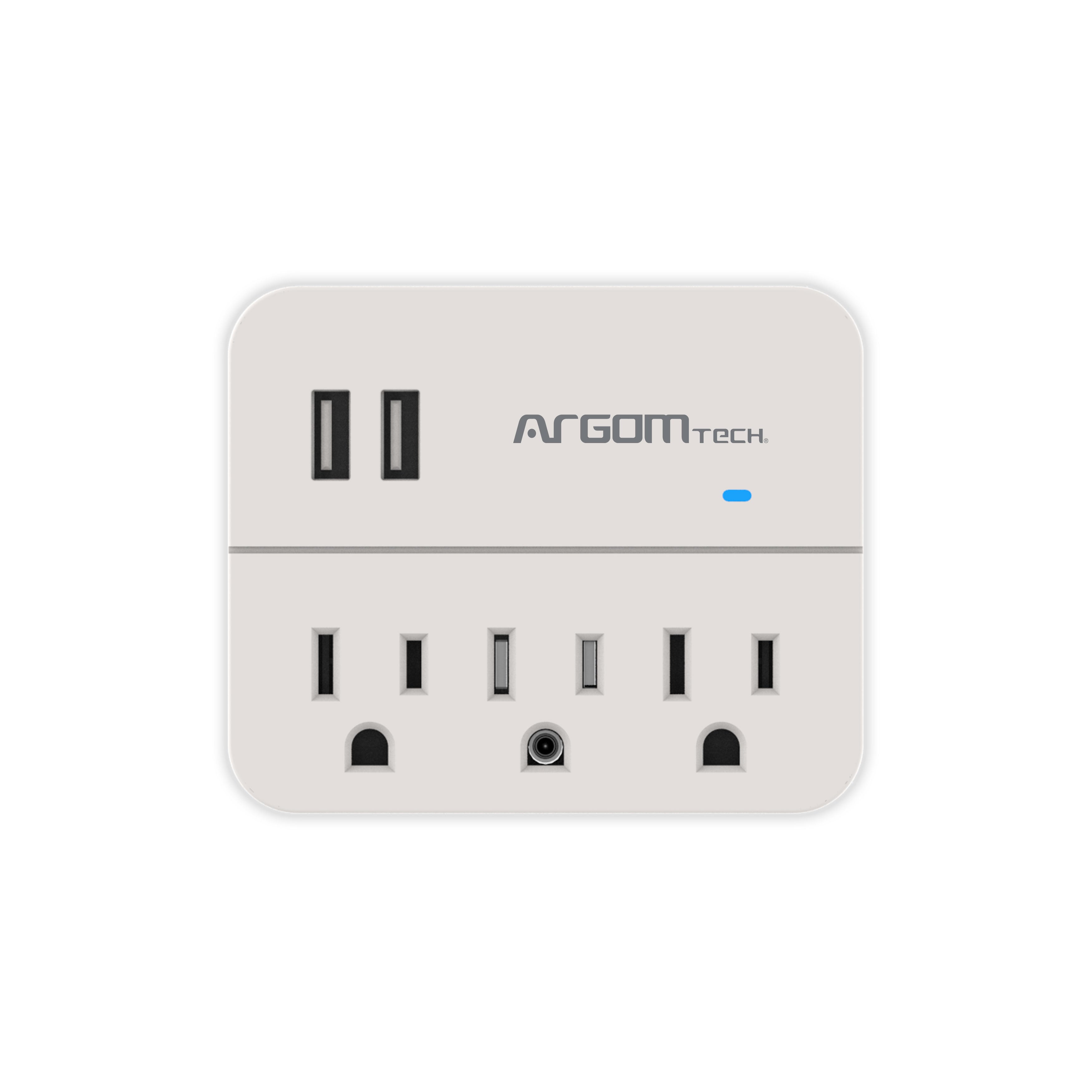 Estación de carga con protector contra sobretensiones, 3 salidas y 2 USB en color blanco.
