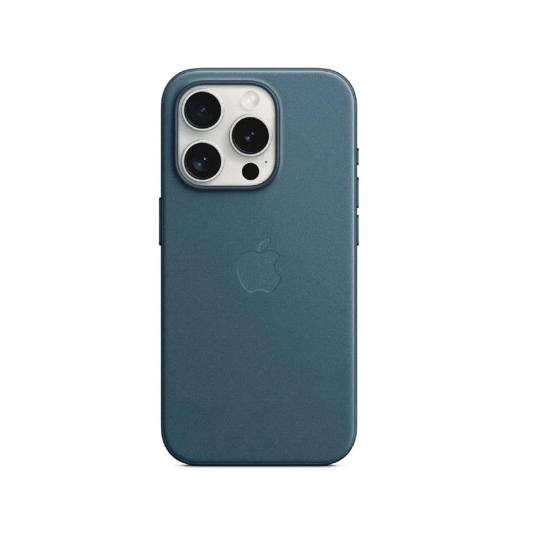 Estuche Para Iphone serie 15 Tejido Fino (Finewoven) en azul petróleo, vista trasera mostrando cámara y logo Apple