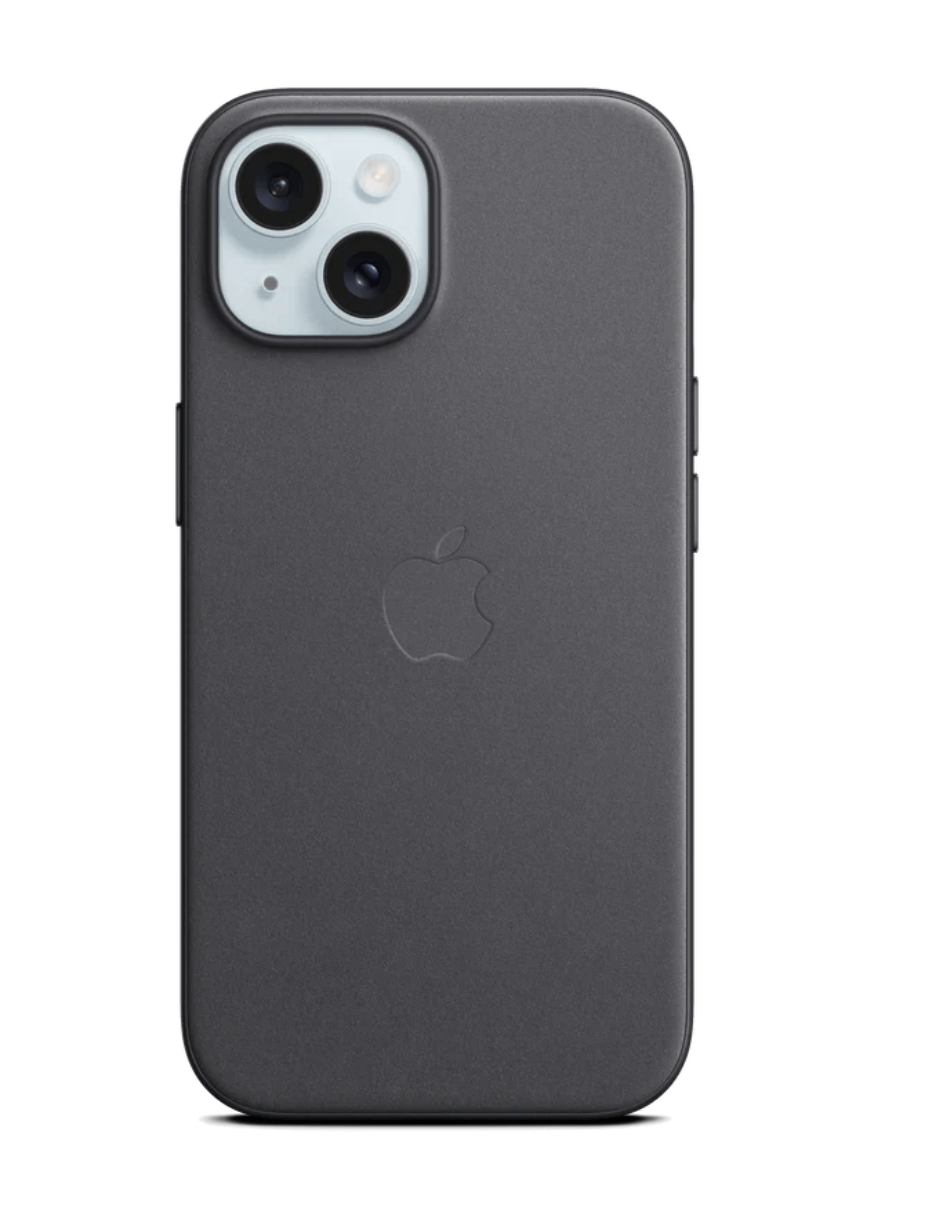 Estuche Para Iphone serie 15 Tejido Fino (Finewoven) en gris oscuro, vista trasera mostrando ajuste preciso y acabado texturizado