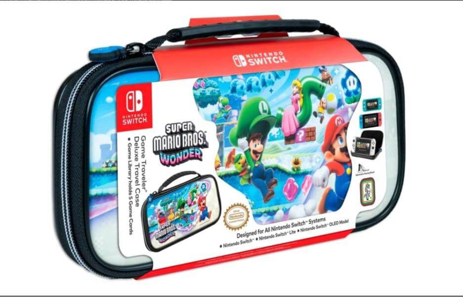 Estuche de viaje Nintendo Switch Super Mario con diseño colorido y protección para la consola.