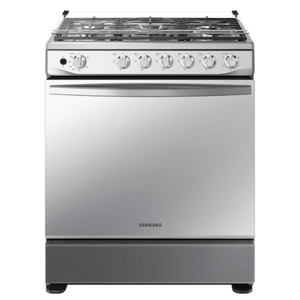 Estufa a gas 6 quemadores Samsung en color gris con diseño elegante y gran capacidad.