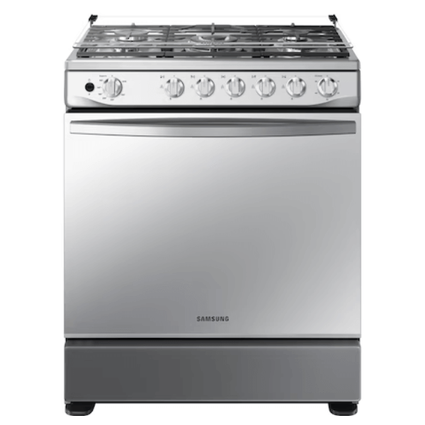 Estufa a gas 6 quemadores Samsung en color gris con diseño elegante y gran capacidad.