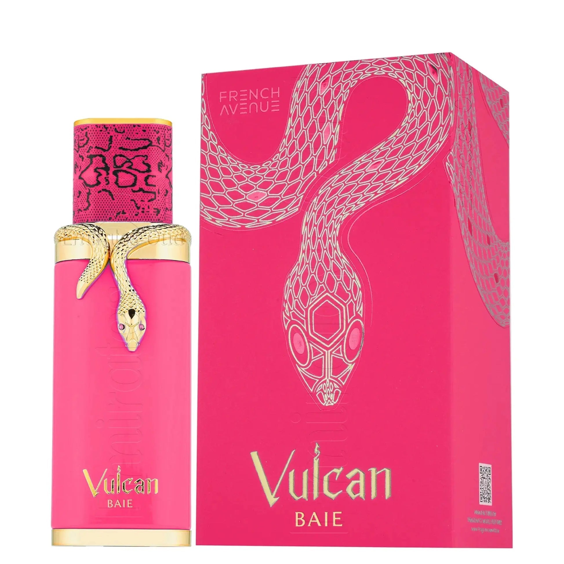 FRENCH AVENUE VULCAN BAIE EDP 100ML perfume bottle and packaging with snake design in pink and gold.