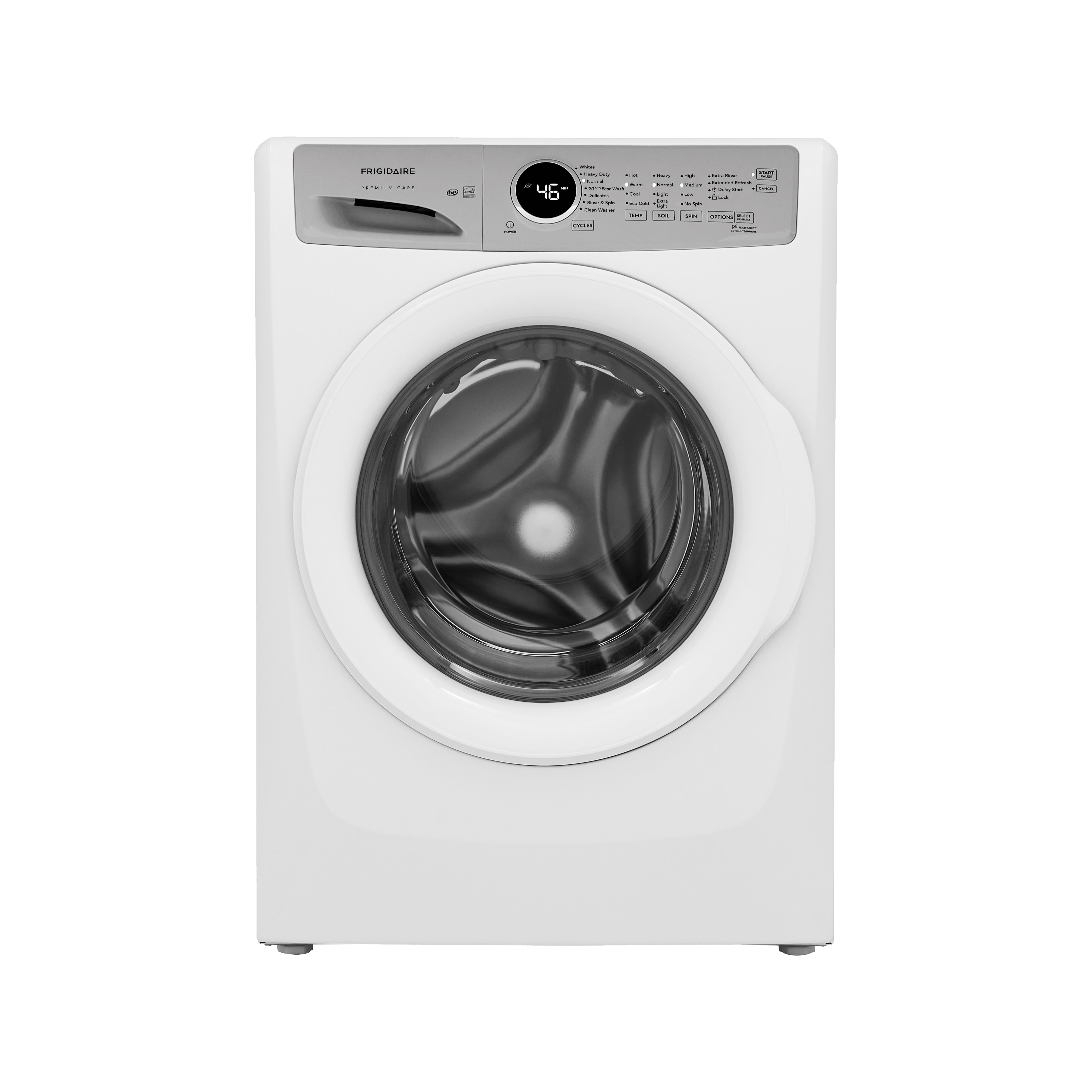 Frigidaire lavadora carga frontal premium care 21 kg blanca FWFX22D4EW vista frontal blanca con puerta circular y panel de control digital