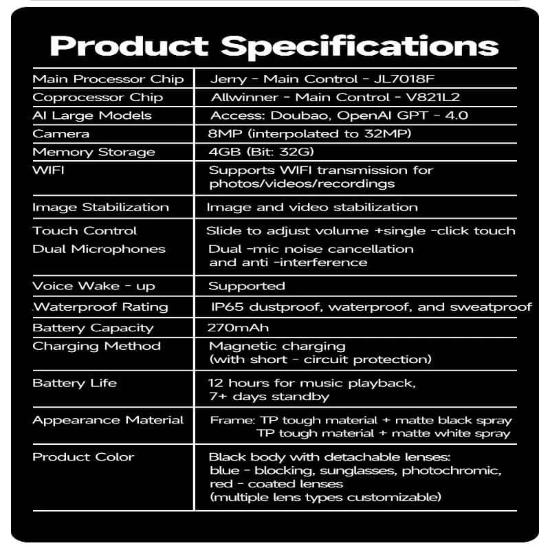 Gafas inteligentes con cámara HD especificaciones del producto, incluyendo cámara de 8MP y almacenamiento de 4GB.