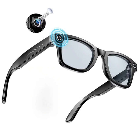 Gafas inteligentes con cámara HD de diseño moderno con lente polarizado y tecnología integrada.