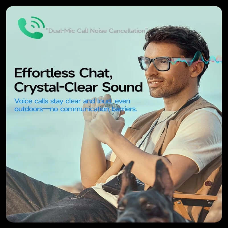 Gafas inteligentes con cámara HD, sonido claro y reducción de ruido para comunicación nítida en exteriores.