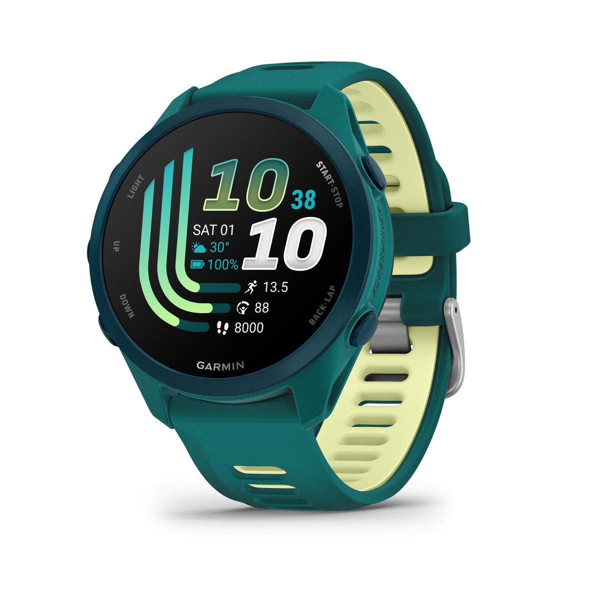 Reloj inteligente GARMIN Forerunner 170 Music, GPS, WiFi, Teal Green/Citron con pantalla AMOLED de 1.2 pulgadas y almacenamiento de música.