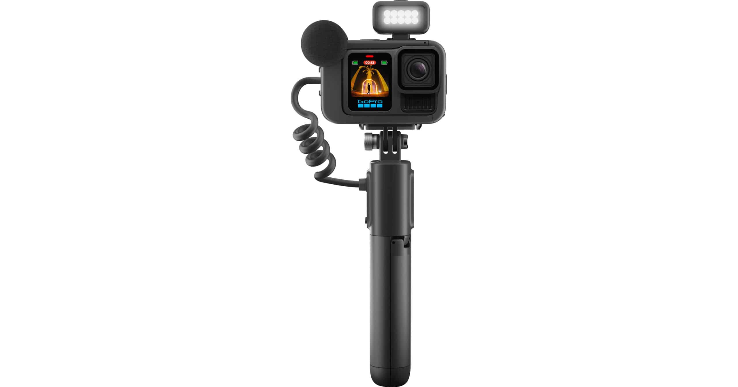 Go Pro Camara Hero 13 Black Creator Editi handheld vlogging kit with microphone, LED light, and compact grip for creators