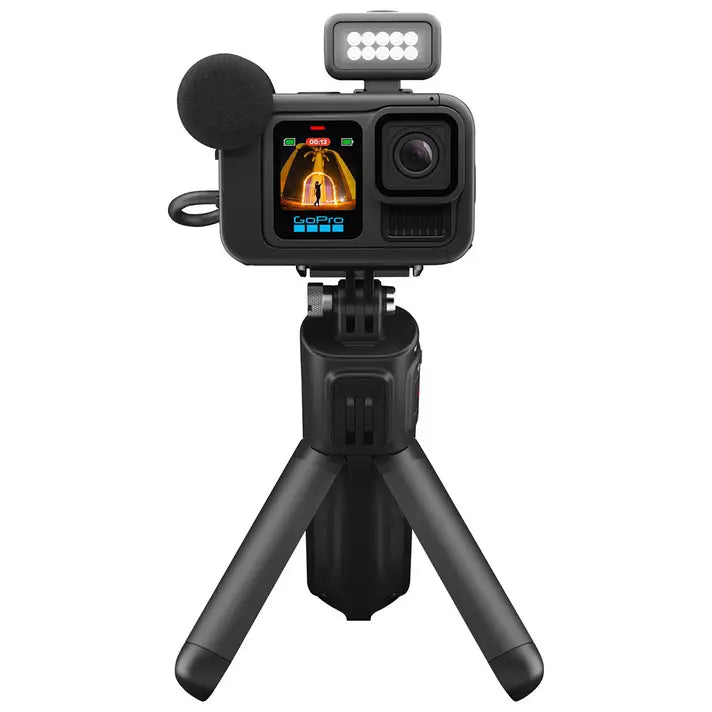 Alt Tag: Go Pro Camara Hero 13 Black Creator Editi on mini tripod with LED light and external microphone for vlogging