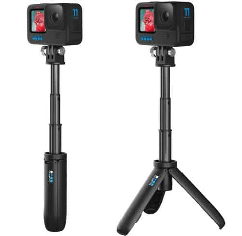 Vara de extensión compacta y mini trípode para cámara GoPro, fácil de transportar y usar.