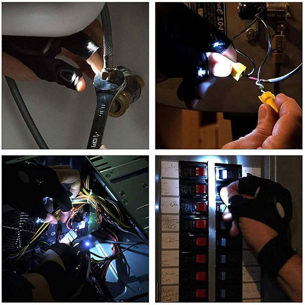 Guantes con linterna LED en uso, iluminando áreas de trabajo para tareas de reparación y mantenimiento.