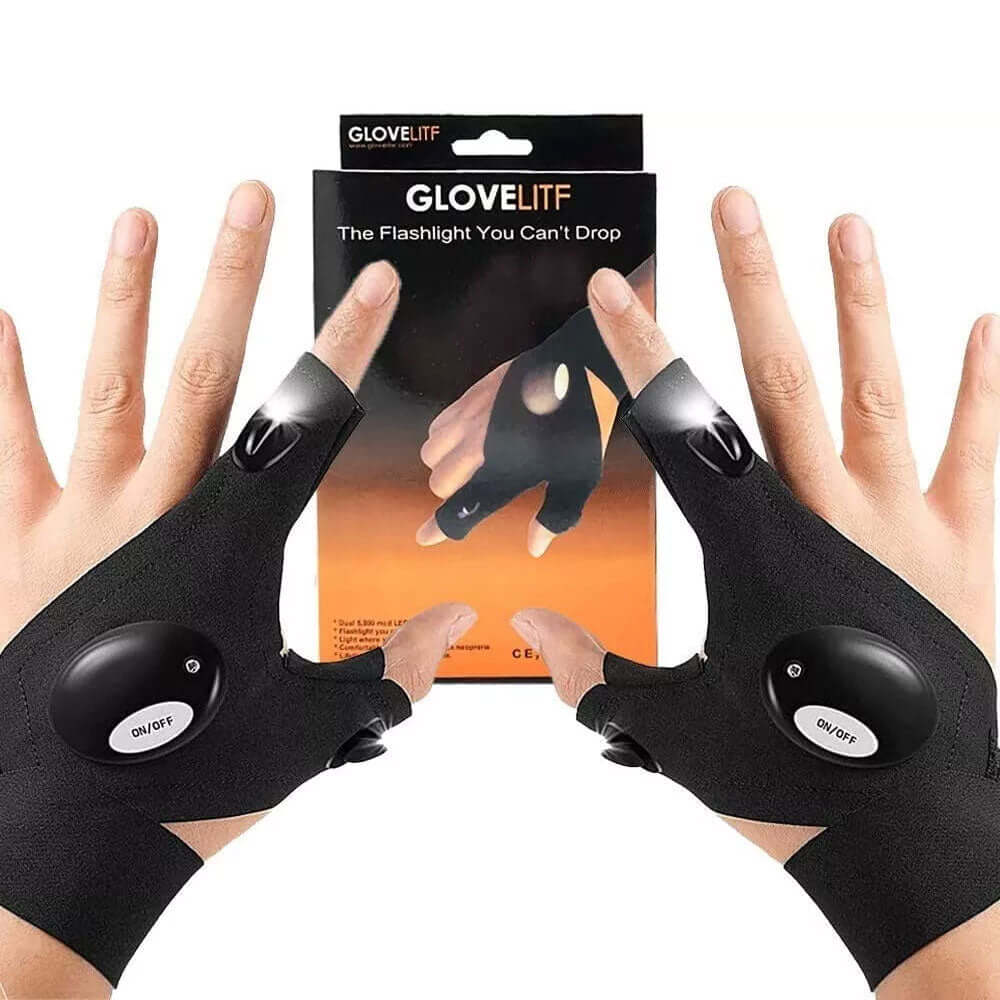 Guantes con linterna LED en uso con la caja del producto, ideales para iluminación en diversas situaciones.
