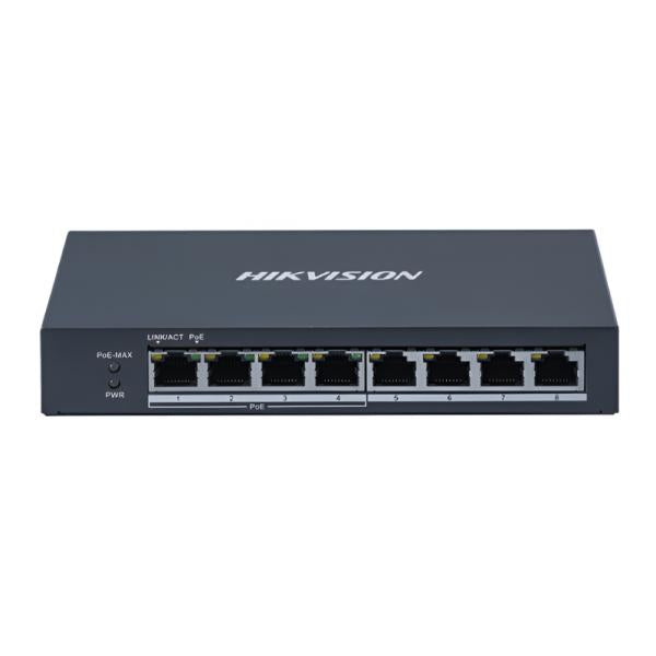 SWITCH HIKVISION DS-3E0508P-O NO ADMINISTRABLE 4 PUERTOS GIGABIT POE 4 PUERTOS GIGABIT RJ45 VELOCIDAD 10/100/1000 301802457 front view showing 8-port gigabit PoE switch