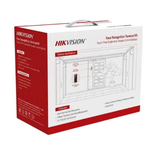 HIKVISION DS-KAS321 access control kit packaging with facial recognition, 2MP camera, and multiple authentication methods.