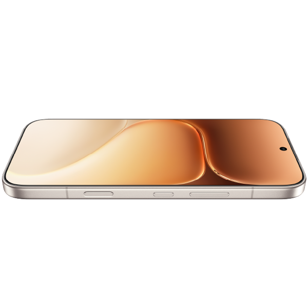 Teléfono celular HONOR 600 PRO dorado con pantalla AMOLED de 6.57 pulgadas y bordes ultradelgados, vista lateral.