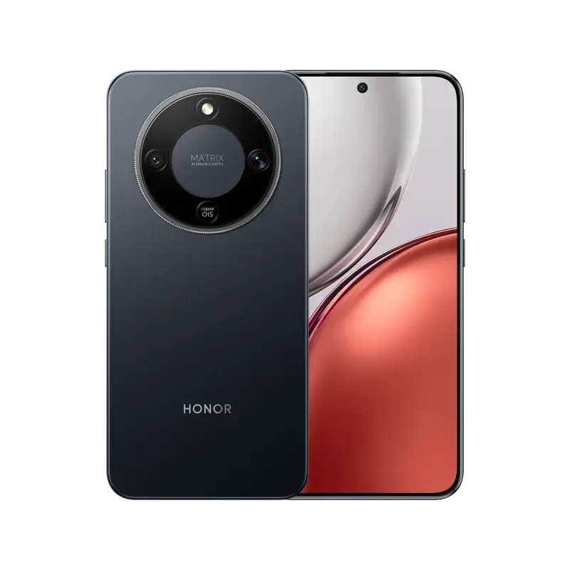 Teléfono celular Honor Magic 8 Lite 8GB+256GB Midnight Black - vista frontal y trasera, pantalla curva 120Hz y módulo de cámara circular, color Midnight Black