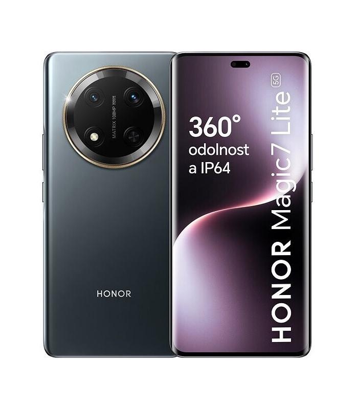 Celular Honor Magic 7 Lite 8GB+256GB en morado mostrando doble cámara trasera y pantalla curva 5G, Bluetooth 5.1, Dual SIM y dimensiones compactas