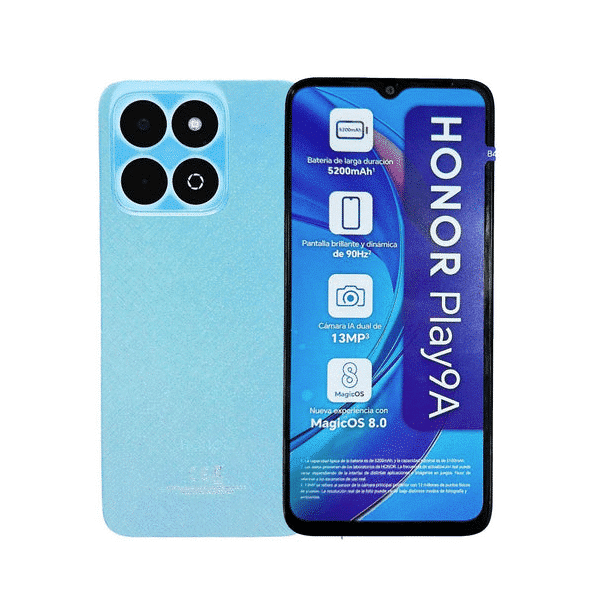 Celular Honor  Play 9A /  256Gb  4Gb - smartphone azul vista frontal y trasera con pantalla y triple cámara