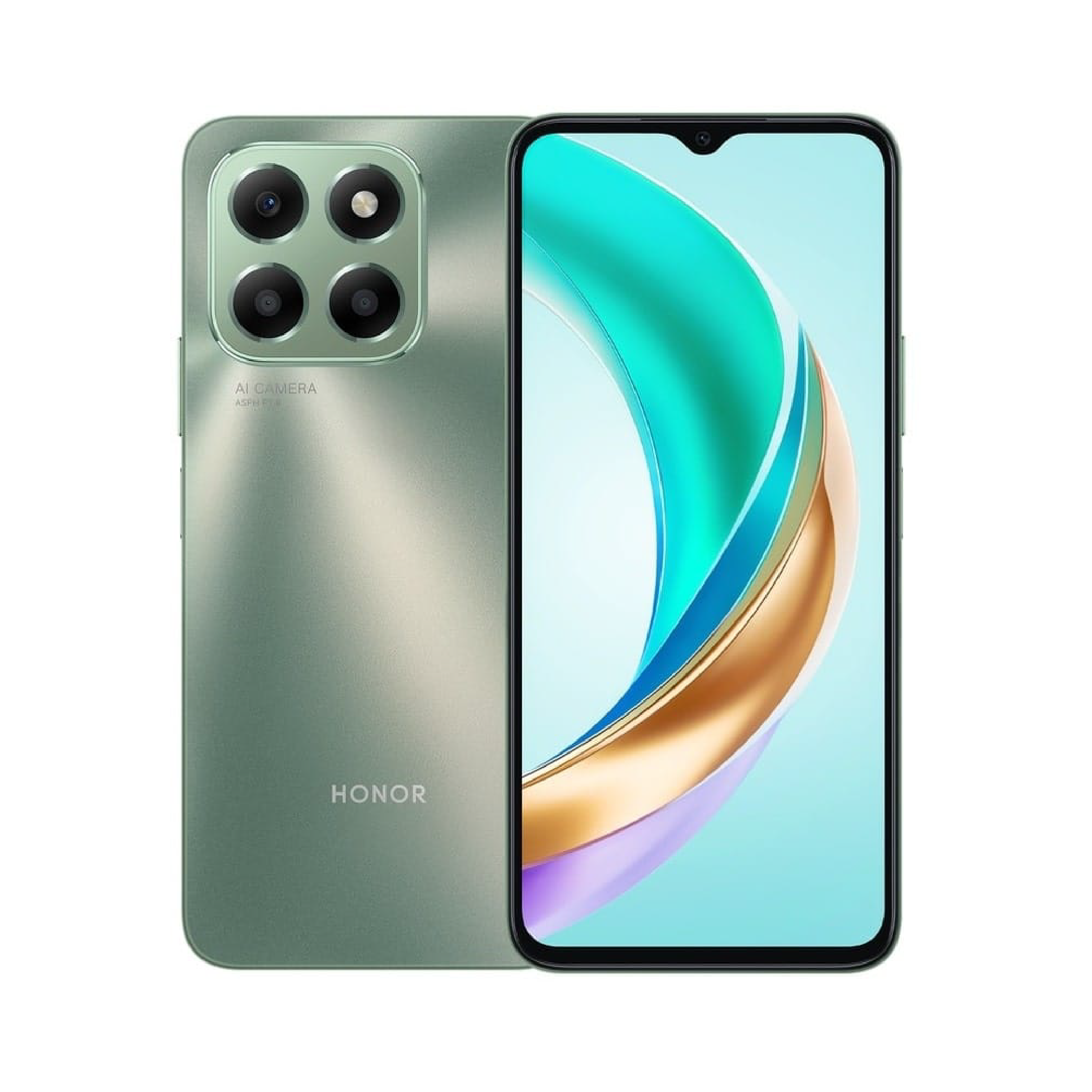 CELULAR HONOR  X6B /  256GB  6GB en color verde, vista frontal y trasera mostrando pantalla grande y módulo de cámara cuádruple