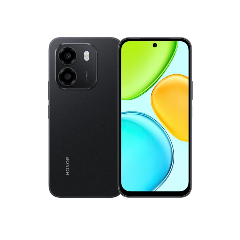Teléfono celular Honor X6e 4GB 256GB negro con pantalla de 120 Hz, cámara de 50 MP y batería de 7500 mAh, vista frontal y trasera.