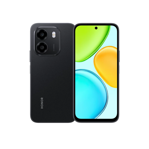 Teléfono celular Honor X6e 4GB 256GB negro con pantalla de 120 Hz, cámara de 50 MP y batería de 7500 mAh, vista frontal y trasera.
