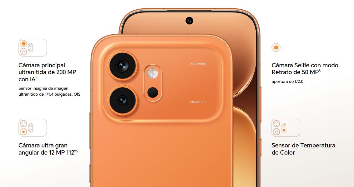 Cámaras y diseño del Teléfono celular Honor 600 8GB+256GB naranja, mostrando la cámara principal de 200 MP y gran angular de 12 MP.