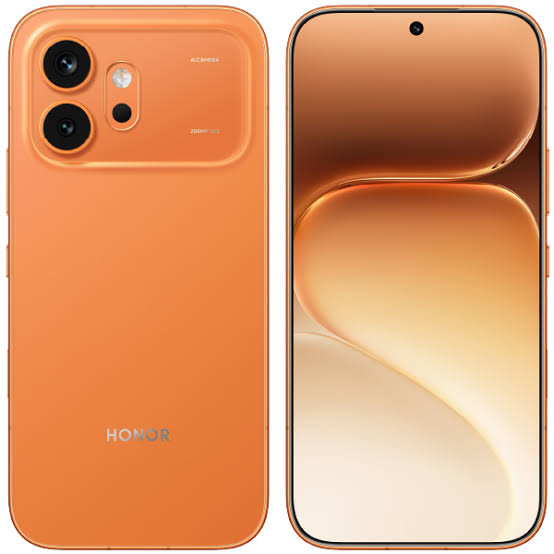 Teléfono celular Honor 600 8GB+256GB naranja con pantalla AMOLED y cámara de 200 MP, vista frontal y posterior en color naranja