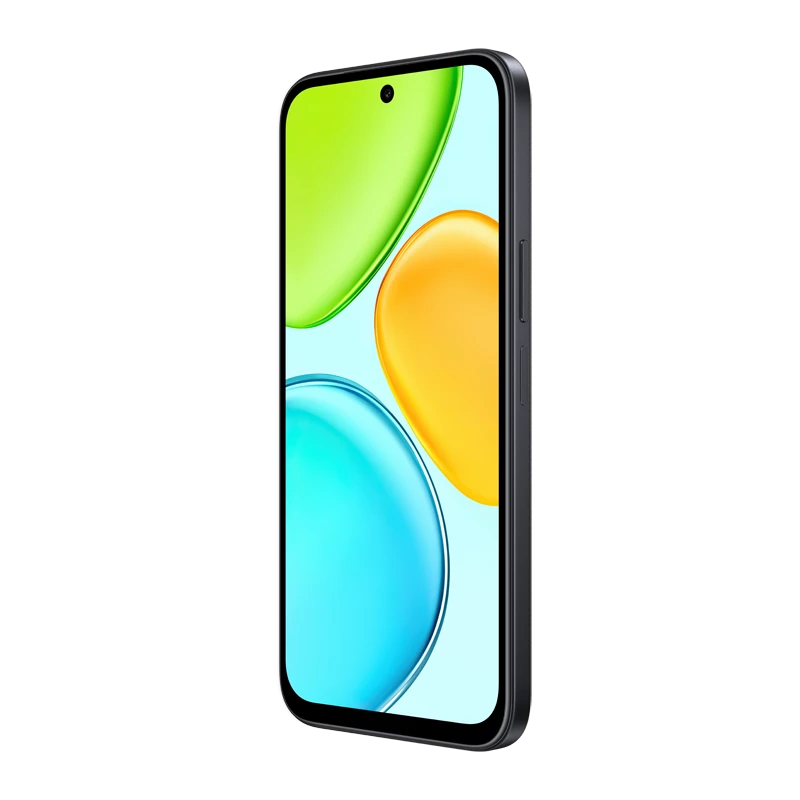 Teléfono celular Honor X6e 4GB 256GB negro con pantalla de 120 Hz y batería de 7500 mAh, vista lateral mostrando el diseño elegante.