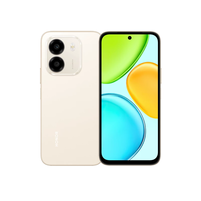 Teléfono celular Honor X6e 4GB 256GB blanco con pantalla de 120 Hz y cámara de 50 MP, vista frontal y trasera del dispositivo.