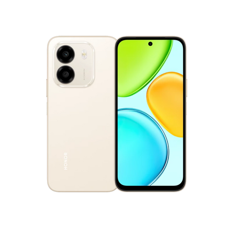 Teléfono celular Honor X6e 4GB 256GB blanco con pantalla de 120 Hz y cámara de 50 MP, vista frontal y trasera del dispositivo.