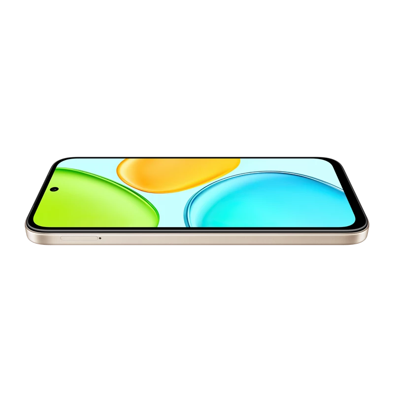 Teléfono celular Honor X6e 4GB 256GB blanco con pantalla de 6,61 pulgadas y diseño elegante, vista lateral.
