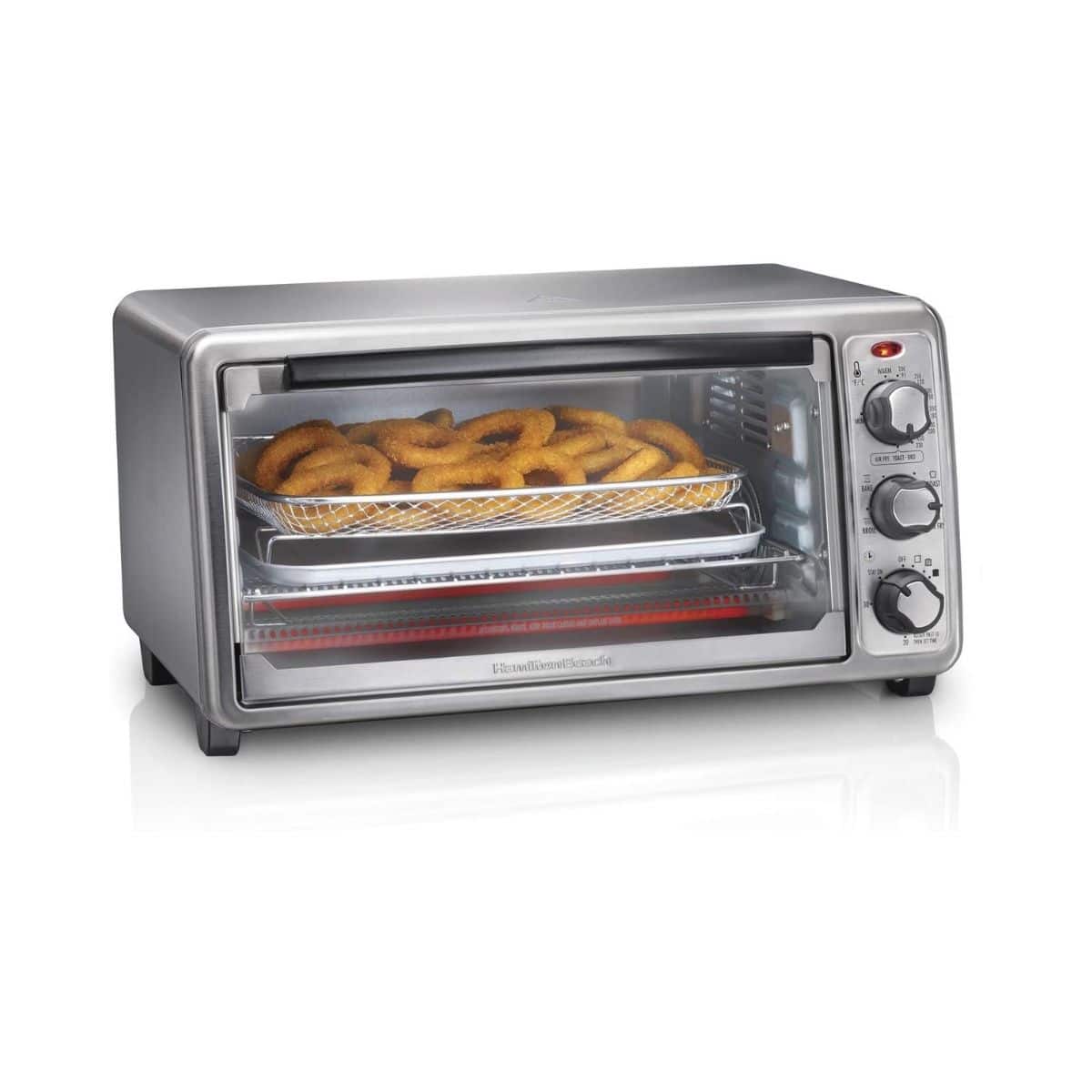 Horno Air Fryer 6 Rebanadas Hamilton Beach 31413 con rosquillas doradas en bandeja, freidora de aire y horno tostador compacto