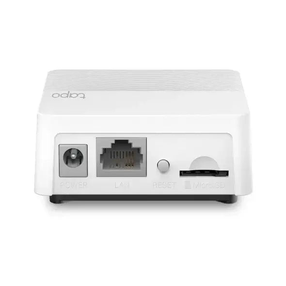 Vista trasera del hub inteligente Tapo H200, con conectores para red y alimentación.