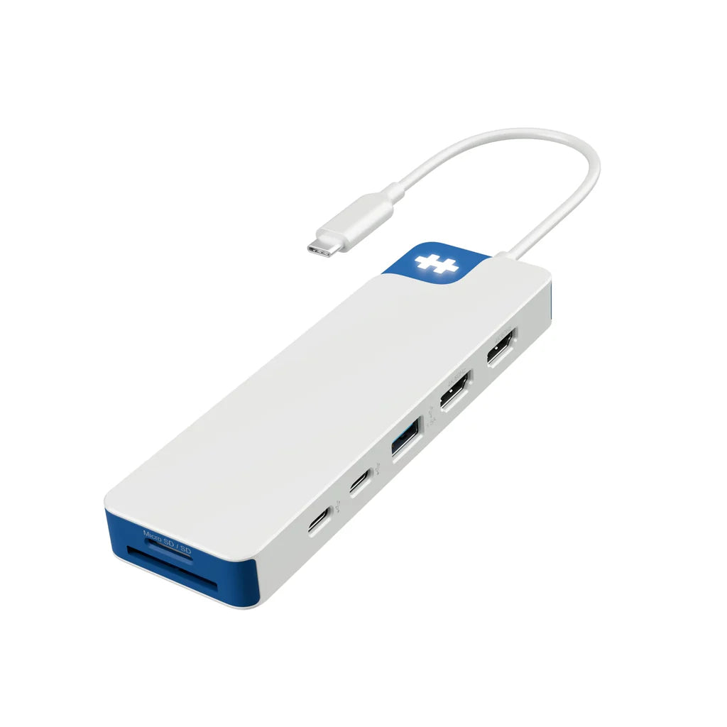 Hub USB-C con HDMI y MicroSD Targus blanco, diseño compacto y portátil para ampliar conectividad en laptops y tablets.