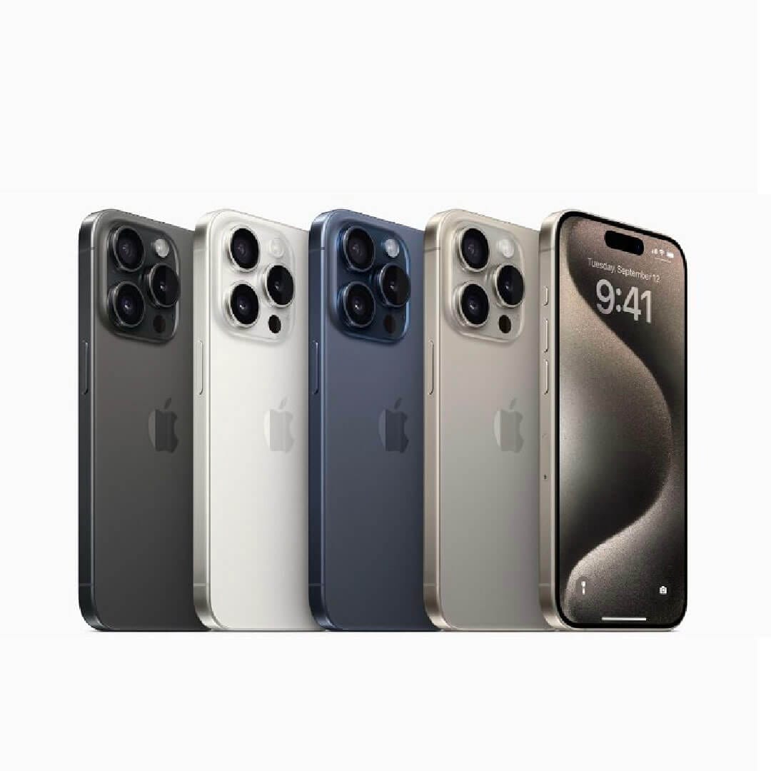 Celular iPhone 15 Pro 128 Gb de Apple en varios colores mostrando pantalla y sistema de cámaras 48MP con teleobjetivo 5x