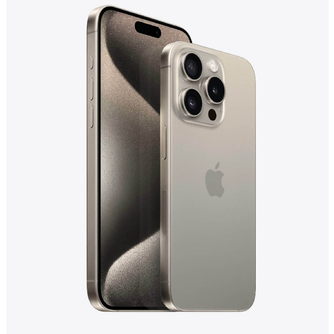 Celular iPhone 15 Pro 128 Gb de Apple en color titanio, vista frontal y trasera mostrando cámara triple de 48MP y pantalla Super Retina XDR